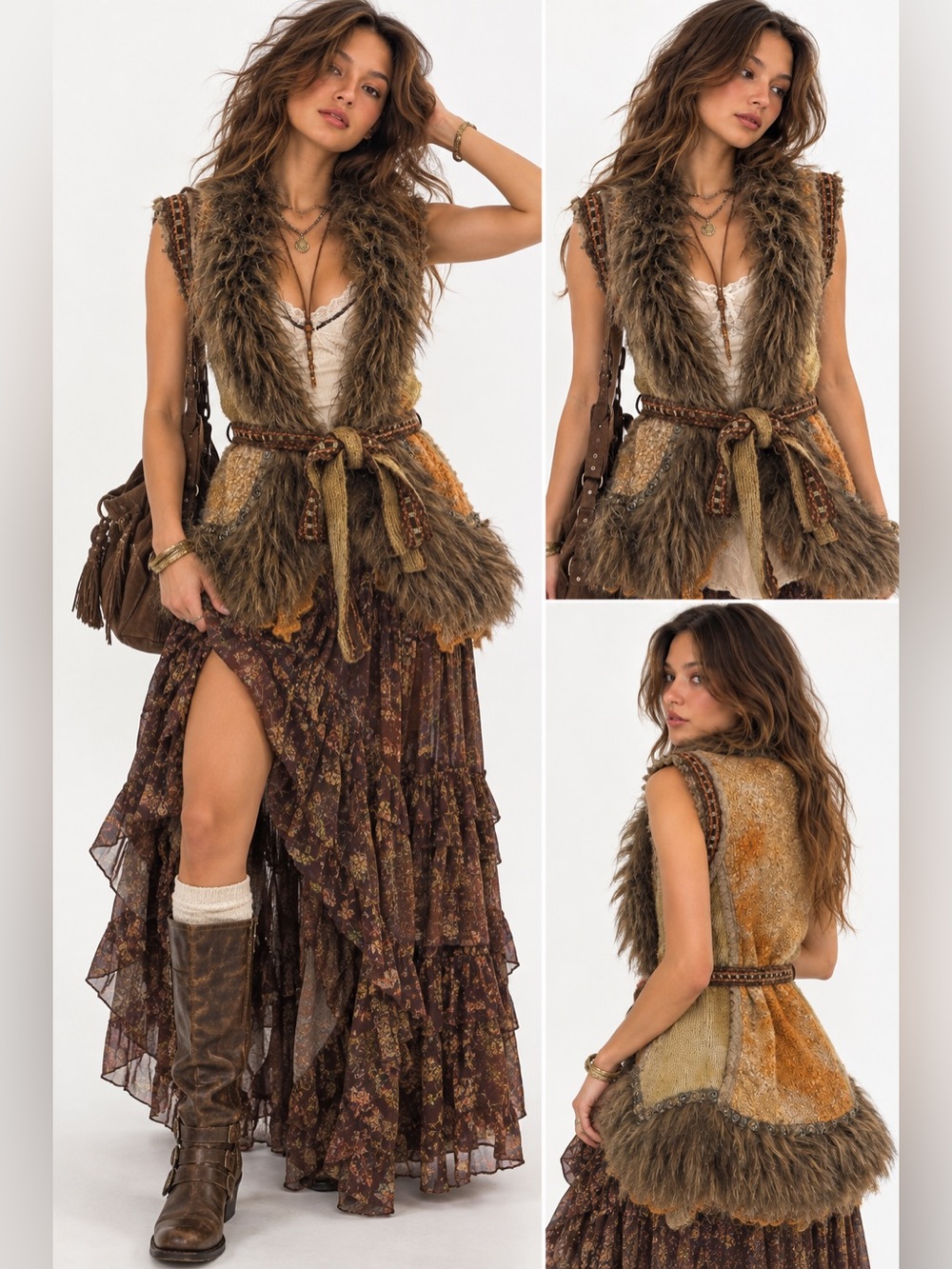 Whimsy Renaissance Fairy Goth Faux Fur Trim Brown Patchwork Boho Layering Vest